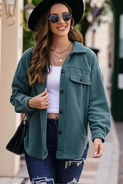 Button Up Collared Neck Long Sleeve Jacket - Trendsi - Flyclothing LLC