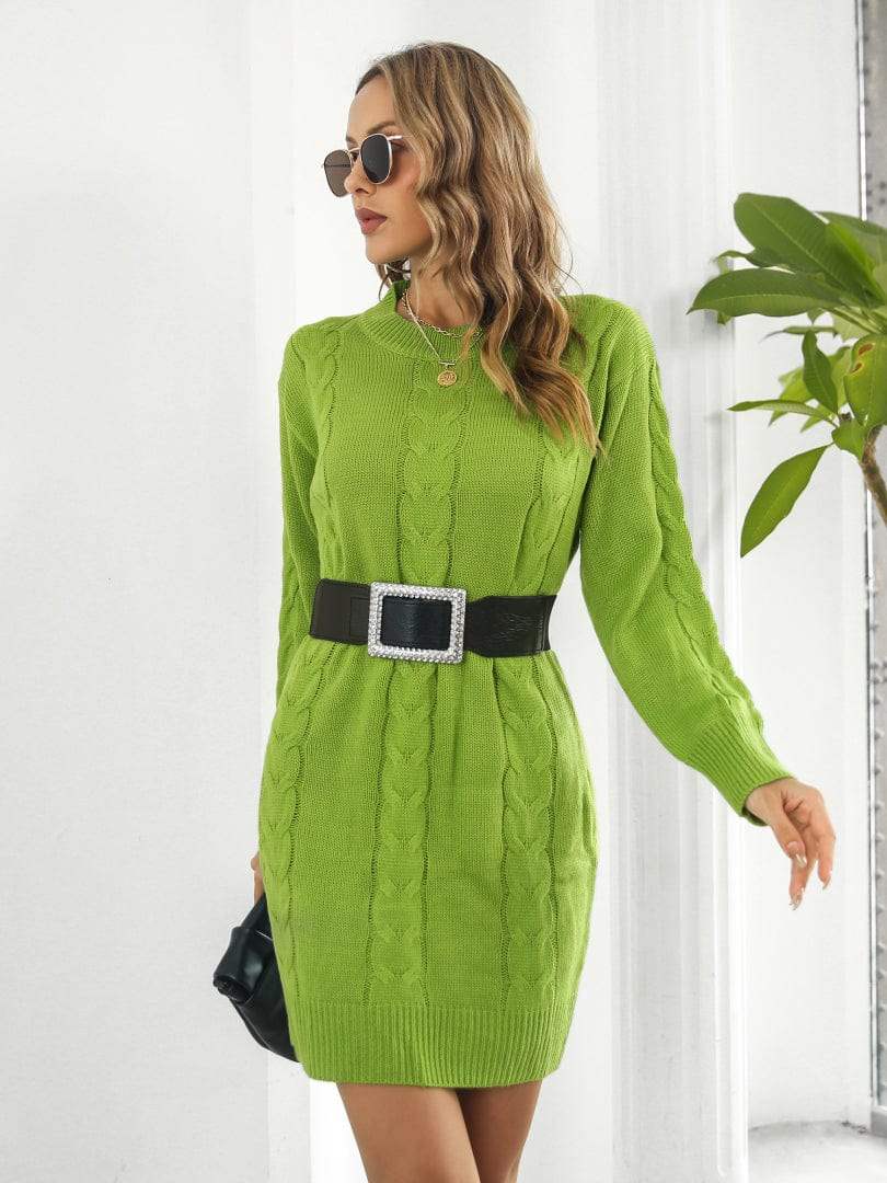 Cable-Knit Round Neck Sweater Dress - Trendsi - Flyclothing LLC