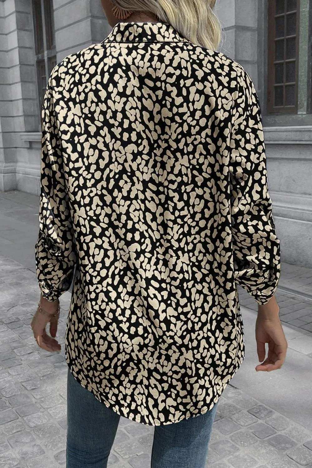 Leopard Roll-Tap Sleeve Shirt - Trendsi - Flyclothing LLC