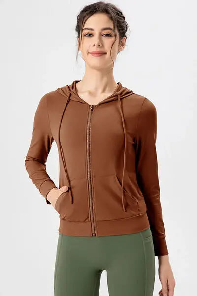 Drawstring Zip Up Hooded Active Outerwear - Trendsi - Flyclothing LLC