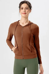 Drawstring Zip Up Hooded Active Outerwear - Trendsi - Flyclothing LLC