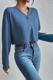 Cropped V-Neck Raglan Sleeve Buttoned Blouse - Trendsi - Flyclothing LLC