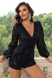 Sequin Tie Waist Long Sleeve Romper - Trendsi