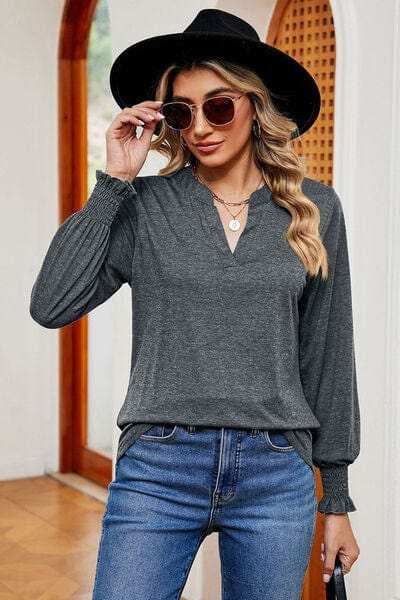 Notched Lantern Sleeve T-Shirt - Trendsi - Flyclothing LLC