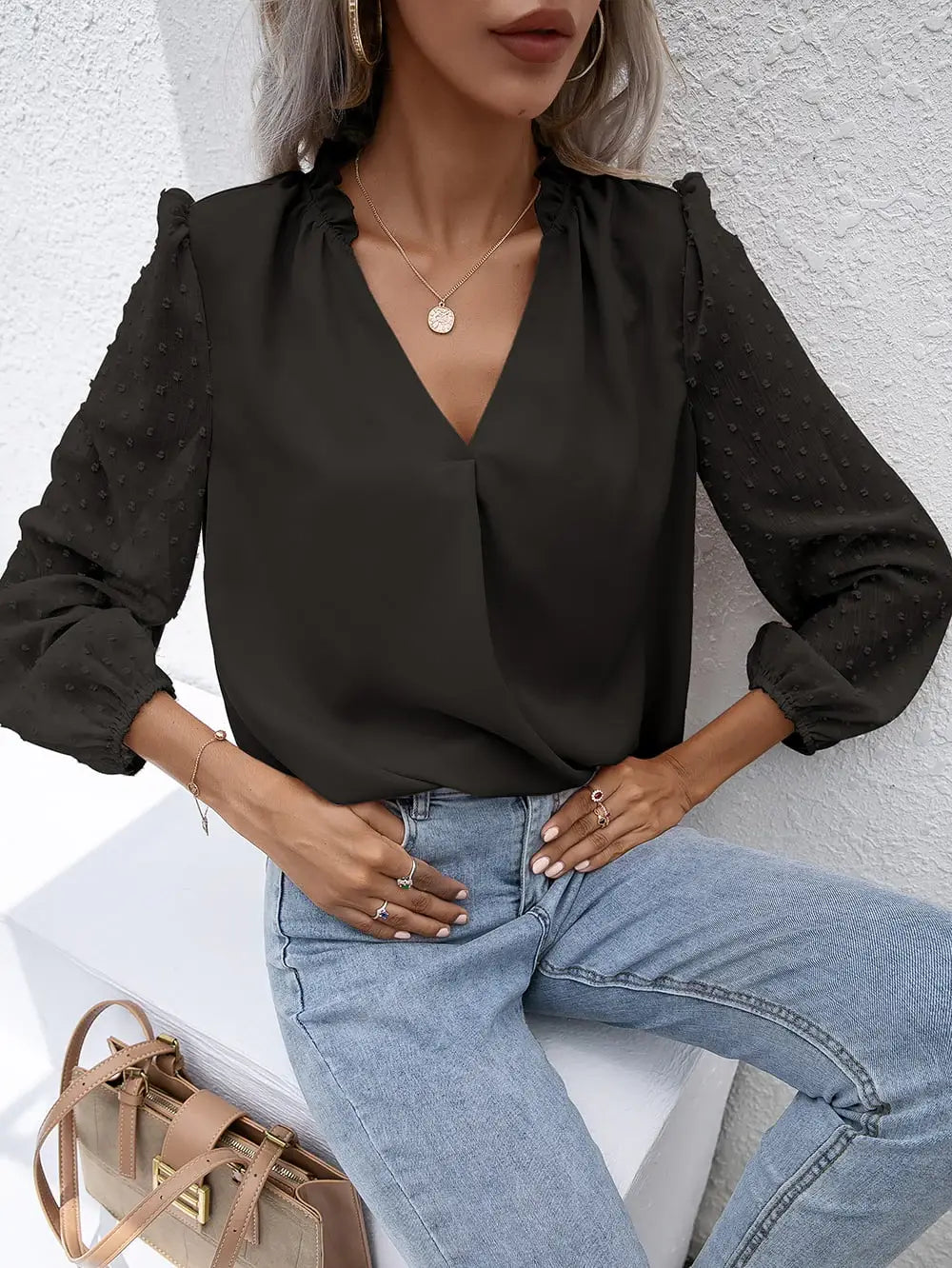 Swiss Dot Frill Trim Puff Sleeve Blouse - Trendsi - Flyclothing LLC