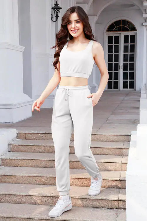 Waffle-Knit Cropped Tank and Drawstring Pants Set - Trendsi - Flyclothing LLC