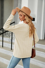 Decorative Button V-Neck Long Sleeve T-Shirt - Trendsi