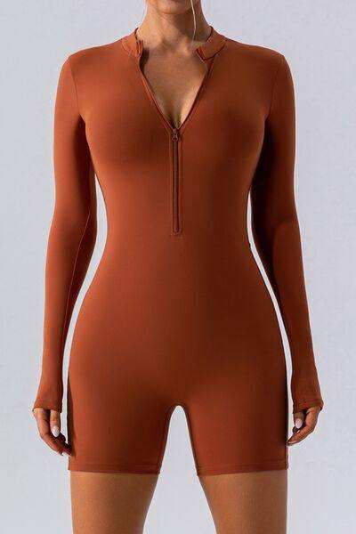 Half Zip Long Sleeve Active Romper - Trendsi - Flyclothing LLC