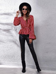 Plaid V-Neck Balloon Sleeve Peplum Blouse - Trendsi