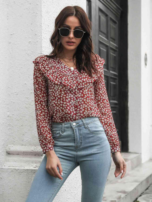 Printed Statement Collar Long Sleeve Blouse - Trendsi