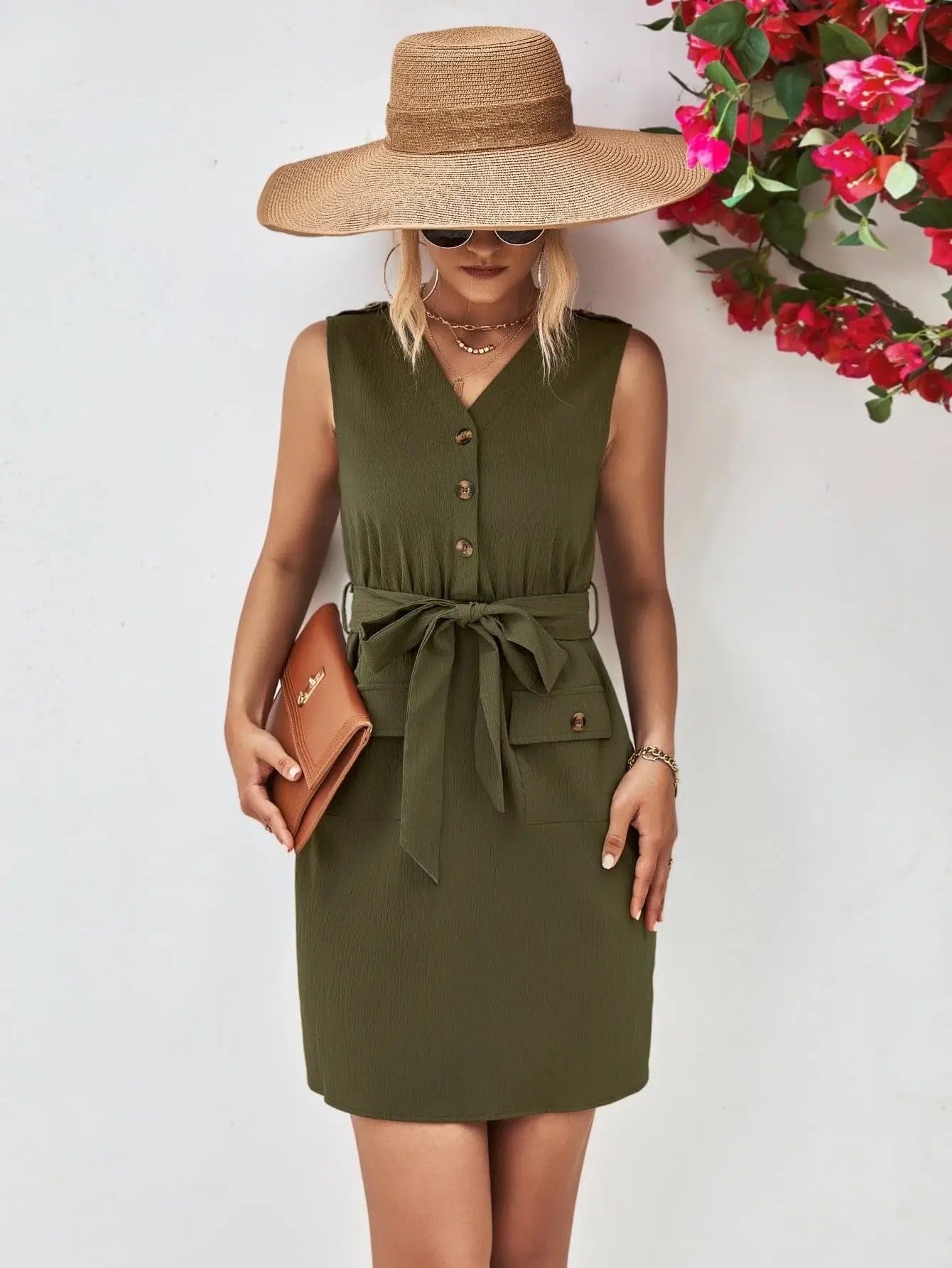 Buttoned V-Neck Belted Sleeveless Dress - Trendsi - Flyclothing LLC