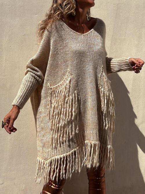 Fringe Detail Long Sleeve Sweater with Pockets - Trendsi - Flyclothing LLC