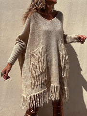 Fringe Detail Long Sleeve Sweater with Pockets - Flyclothing LLC