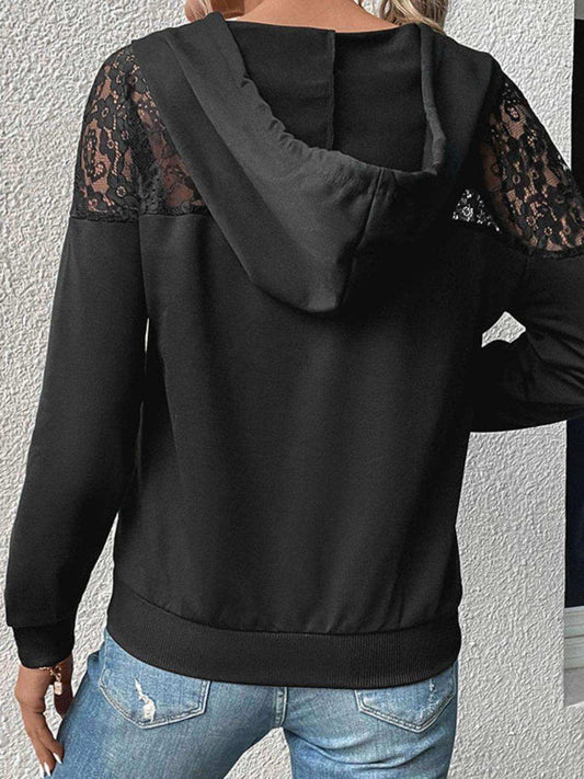 Lace Trim Dropped Shoulder Hoodie - Trendsi - Flyclothing LLC