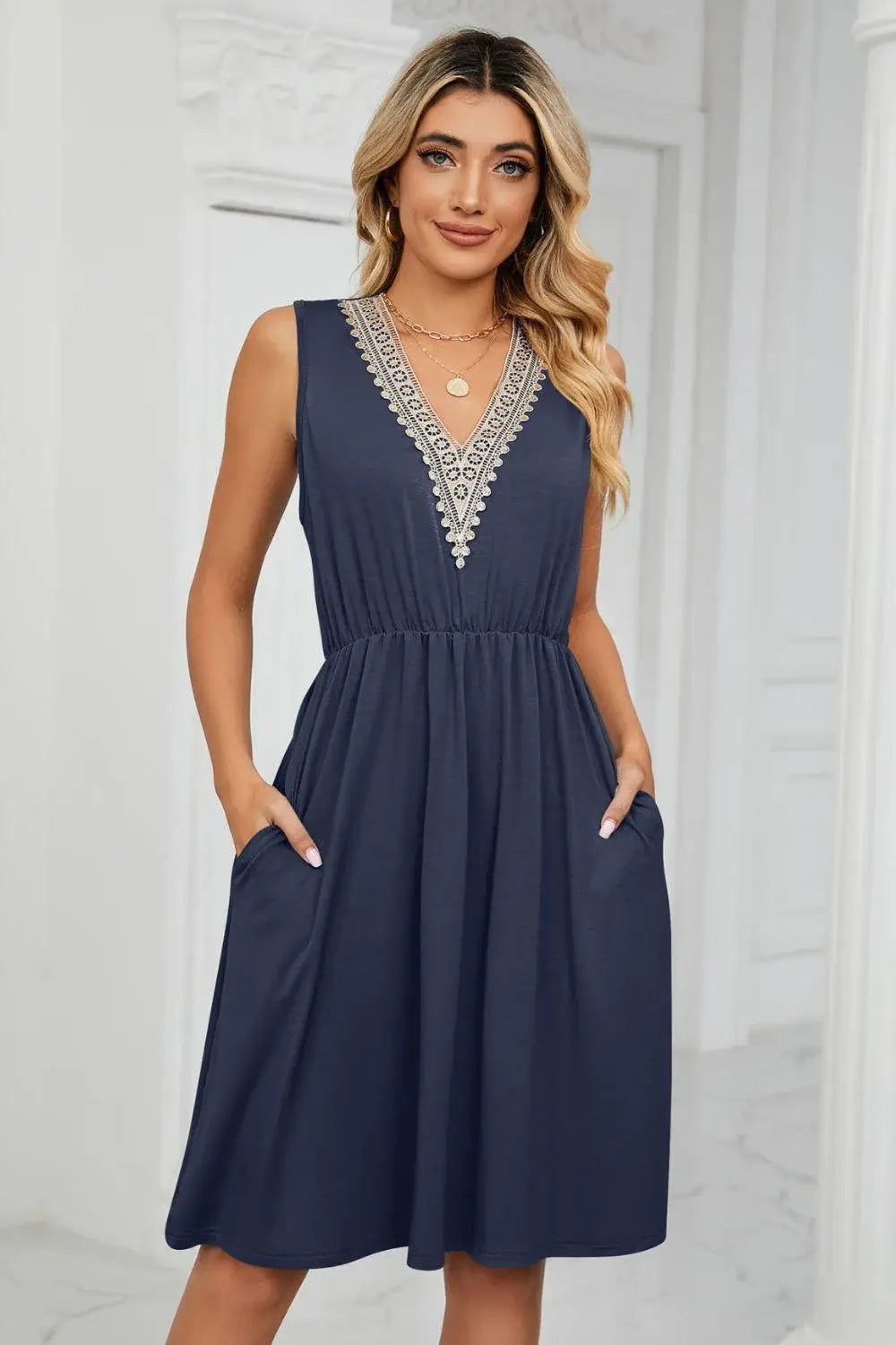 Contrast V-Neck Sleeveless Dress - Trendsi - Flyclothing LLC