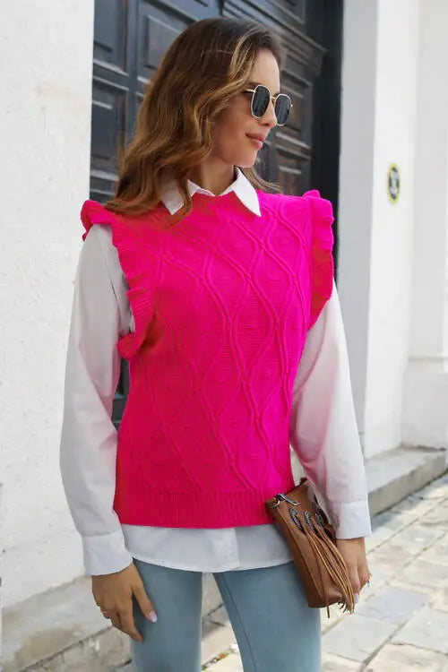 Round Neck Ruffled Sweater Vet - Trendsi - Flyclothing LLC