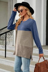 Color Block Round Neck Long Sleeve Slit T-Shirt - Trendsi - Flyclothing LLC
