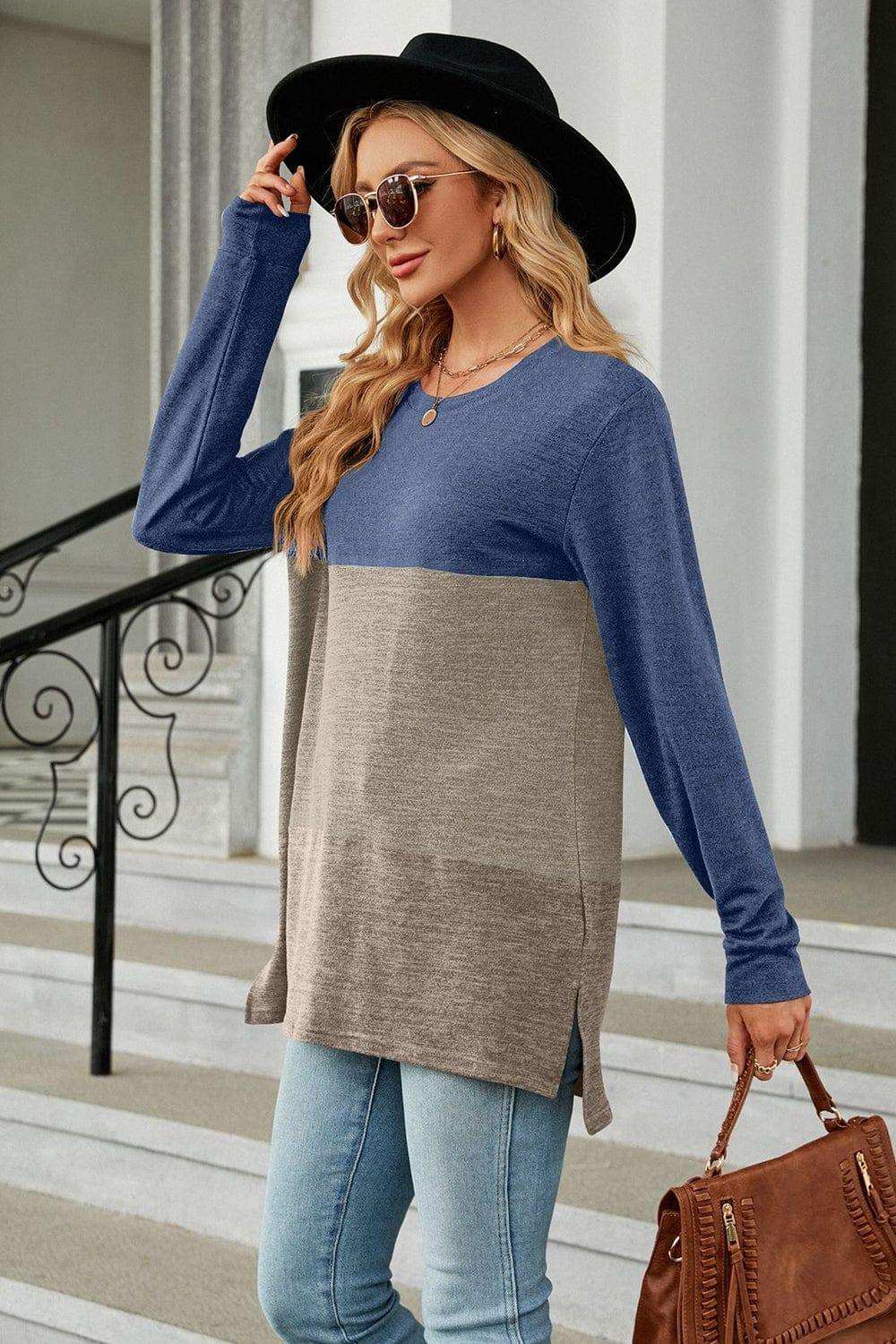 Color Block Round Neck Long Sleeve Slit T-Shirt - Trendsi - Flyclothing LLC