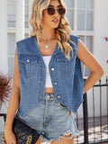 Pocketed Button Up Sleeveless Denim Jacket - Trendsi