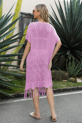 V-Neck Short Sleeve Fringe Hem Knit Dress - Trendsi - Flyclothing LLC