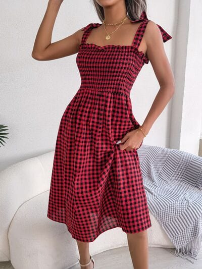 Frill Plaid Square Neck Midi Dress - Trendsi