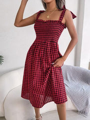 Frill Plaid Square Neck Midi Dress - Trendsi