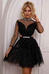 Cutout Mock Neck Mesh Dress - Trendsi - Flyclothing LLC