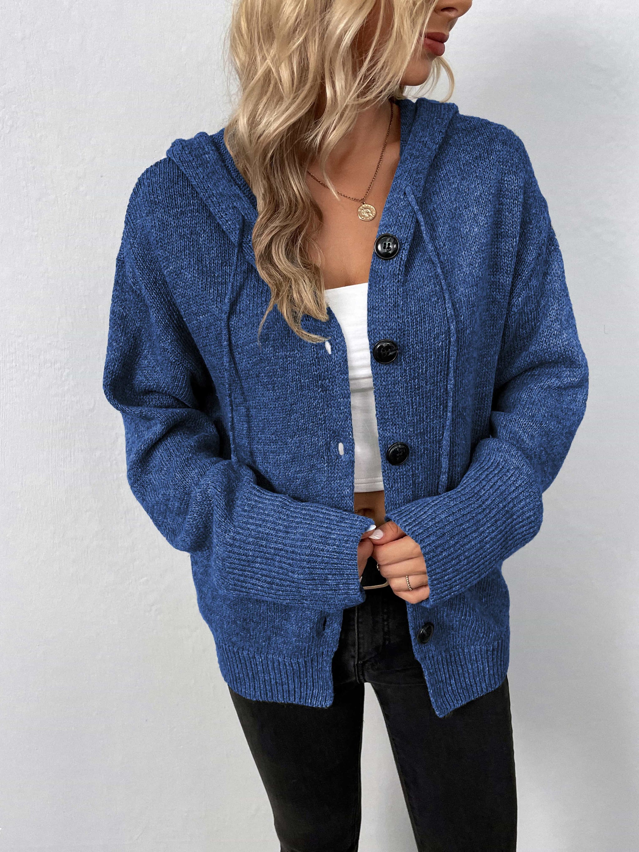 Button-Down Long Sleeve Hooded Sweater - Trendsi - Flyclothing LLC