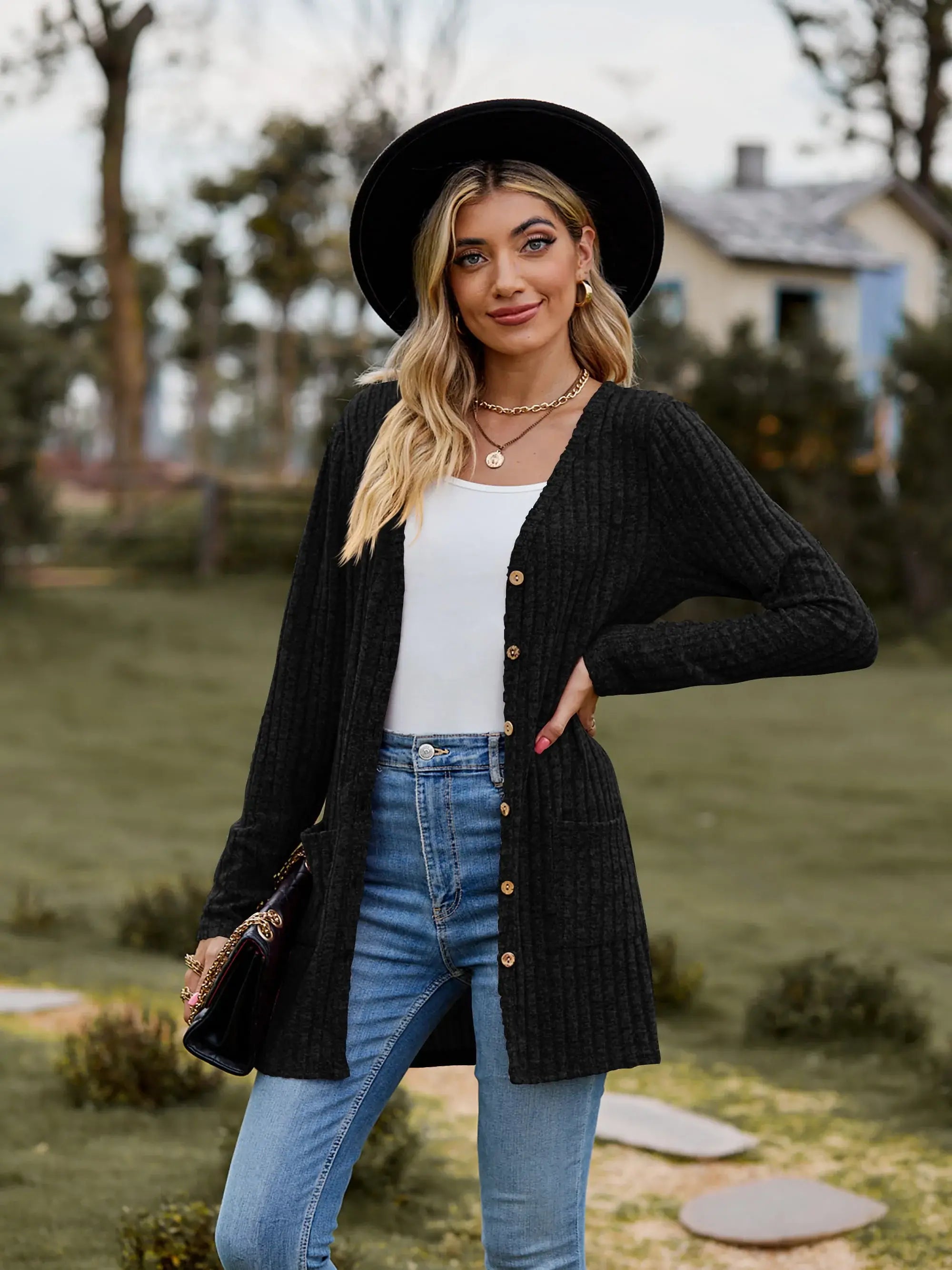 Ribbed Button-UP Caradigan with Pockets - Trendsi - Flyclothing LLC