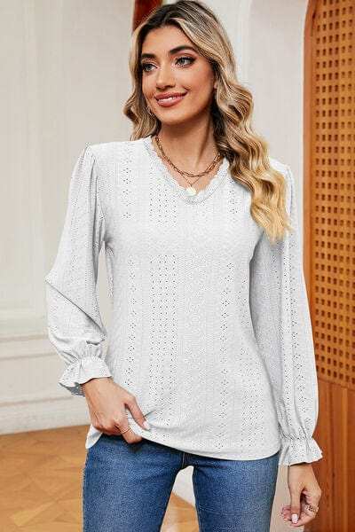 Eyelet V-Neck Flounce Sleeve T-Shirt - Trendsi - Flyclothing LLC
