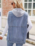 Drawstring Hooded Sleeveless Denim Jacket - Trendsi