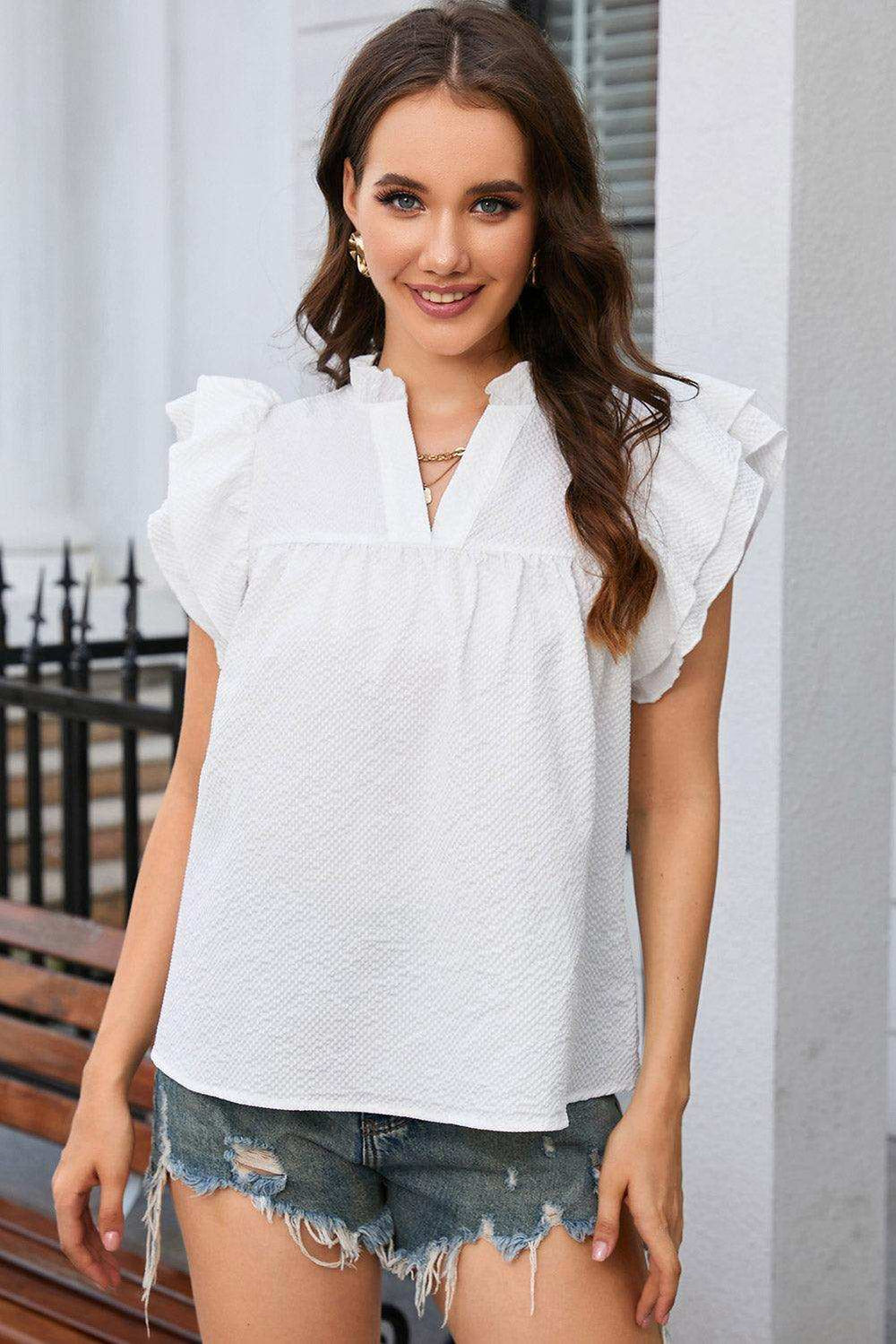 Notched Neck Butterfly Sleeve Blouse - Trendsi - Flyclothing LLC