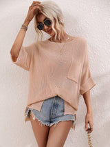 Boat Neck Cuffed Sleeve Slit Tunic Knit Top - Trendsi - Flyclothing LLC