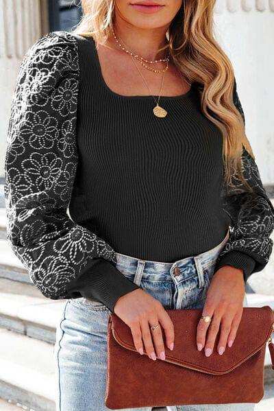 Plus Size Floral Square Neck Lantern Sleeve Blouse - Trendsi - Flyclothing LLC