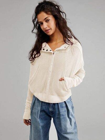 Waffle-Knit Dropped Shoulder Hooded Jacket - Trendsi - Flyclothing LLC