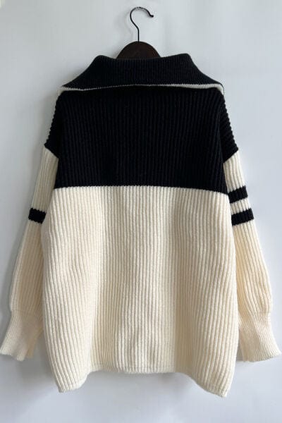 Quarter Zip Striped Dropped Shoulder Sweater - Trendsi