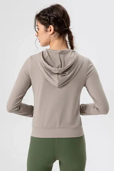 Drawstring Zip Up Hooded Active Outerwear - Trendsi - Flyclothing LLC