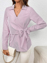 Bow Tie Waist Johnny Collar Neck Striped Blouse - Trendsi - Flyclothing LLC