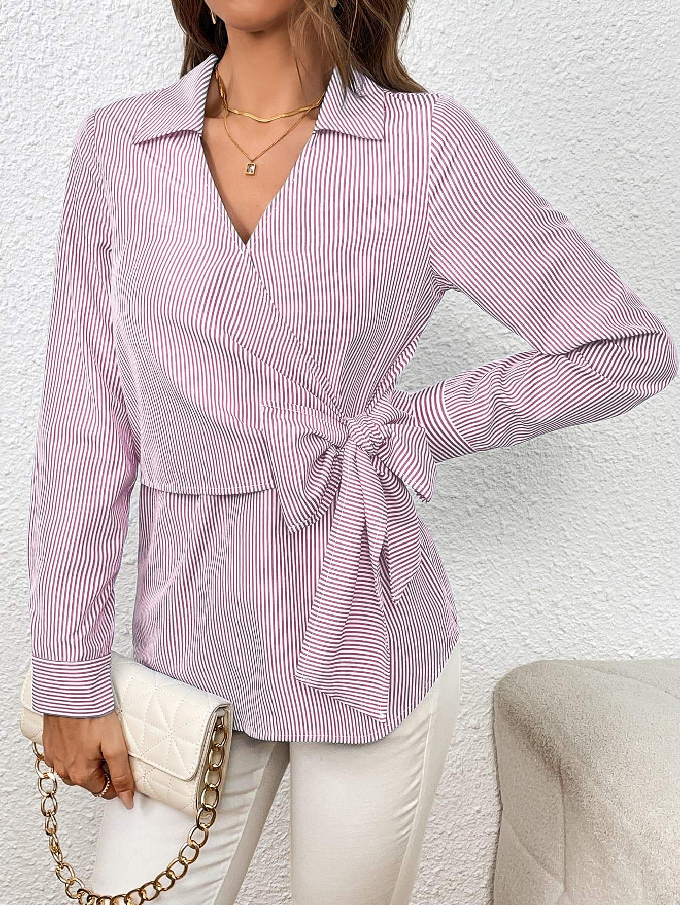 Bow Tie Waist Johnny Collar Neck Striped Blouse - Trendsi - Flyclothing LLC