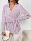 Bow Tie Waist Johnny Collar Neck Striped Blouse - Trendsi - Flyclothing LLC