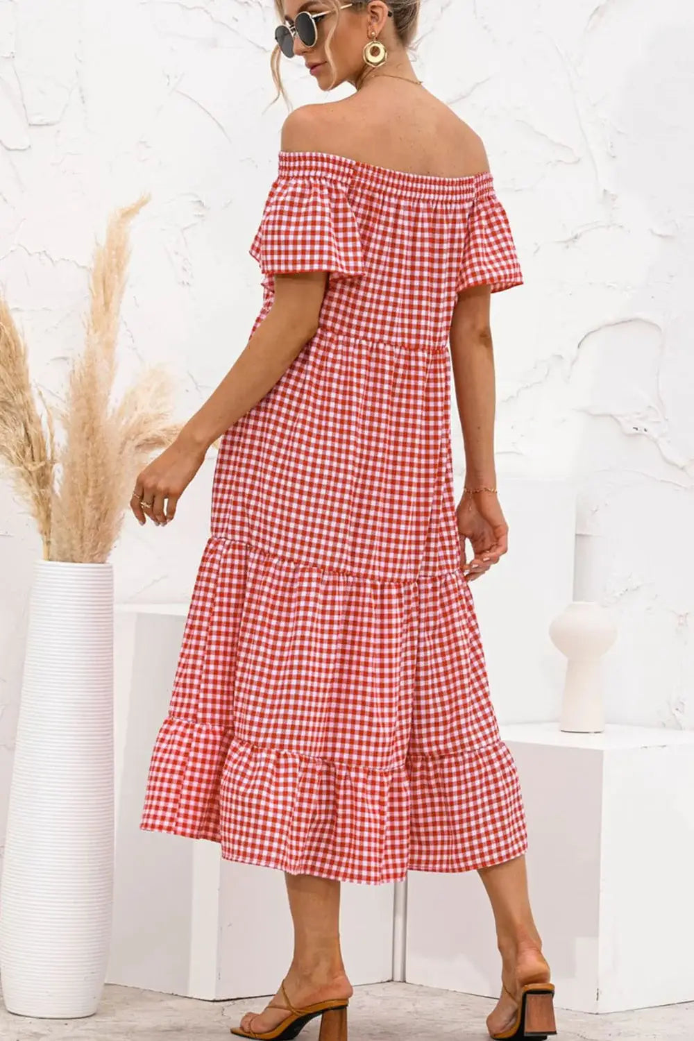 Plaid Off-Shoulder Tiered Midi Dress - Trendsi - Flyclothing LLC