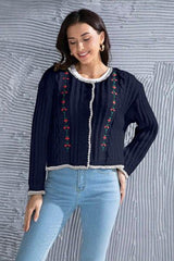 Graphic Cable-Knit Button Up Cardigan - Trendsi