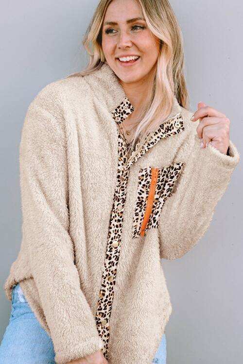 Leopard Snap Down Pocketed Collared Neck Jacket - Trendsi - Flyclothing LLC