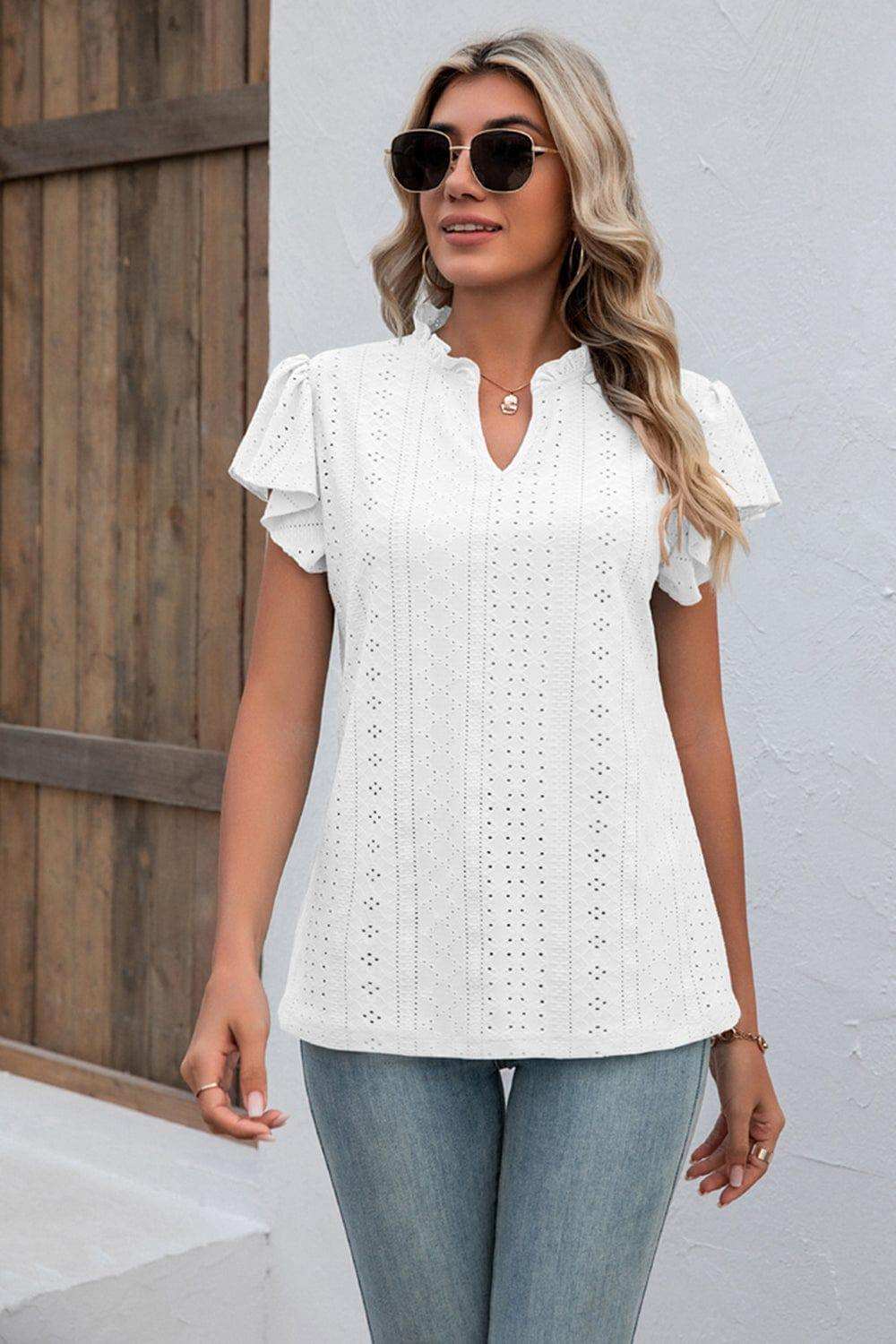 Eyelet Notched Neck Flutter Sleeve Top - Trendsi - Flyclothing LLC
