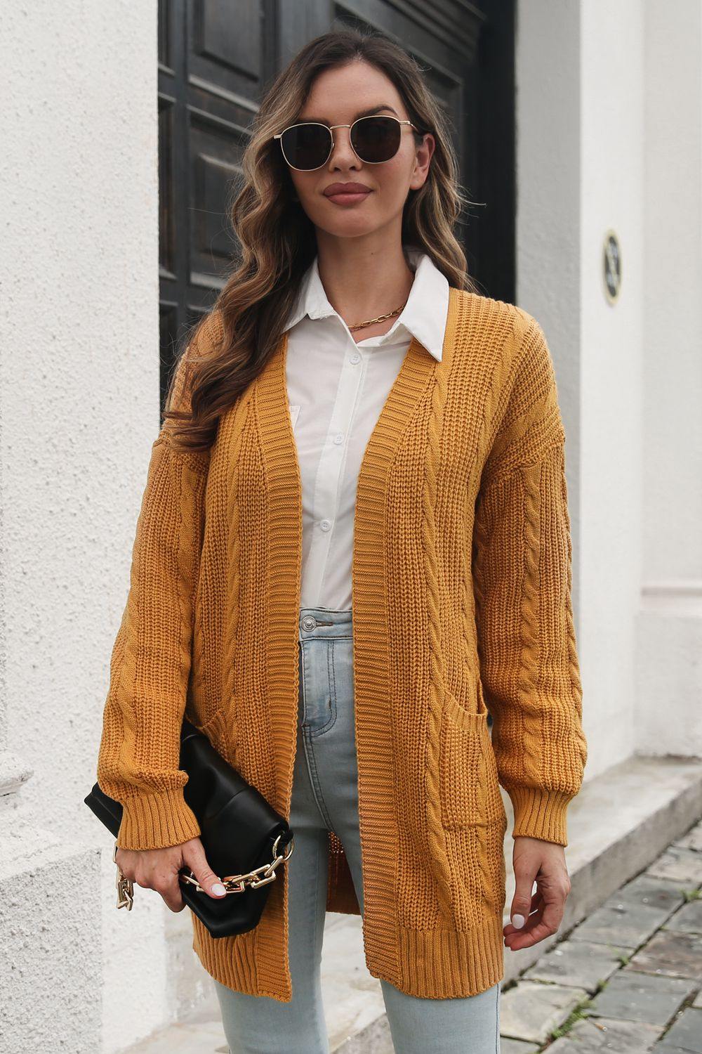 Open Front Longline Cardigan with Pockets - Trendsi