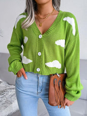 Cloud Print Button Down Ribbed Trim Cardigan - Trendsi