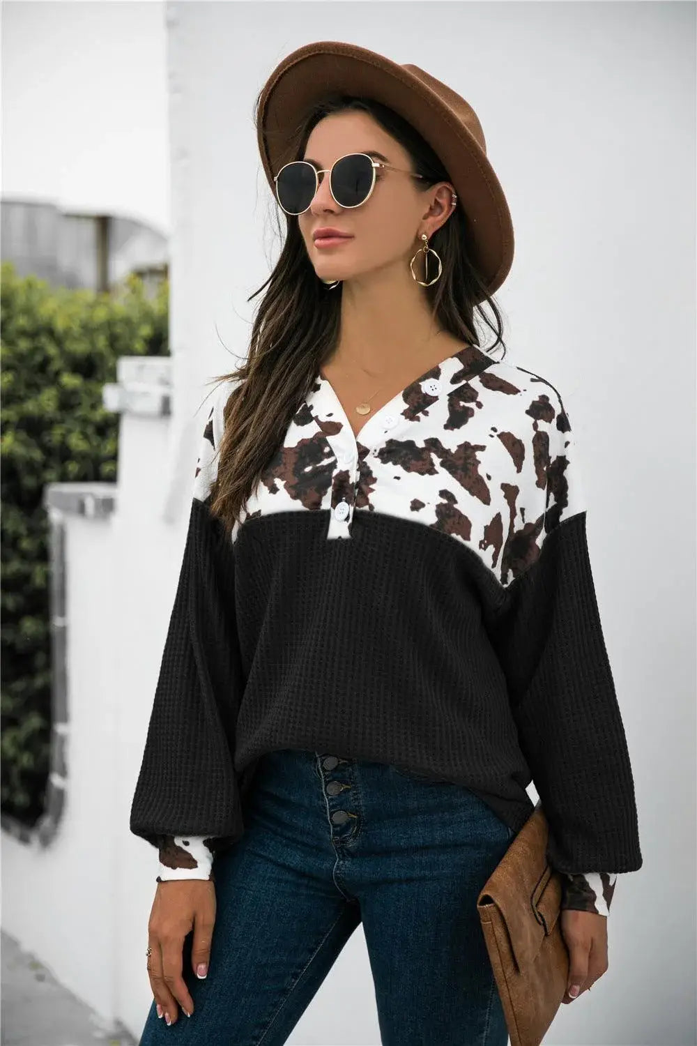 Animal Print Color Block Waffle-Knit Top - Trendsi - Flyclothing LLC