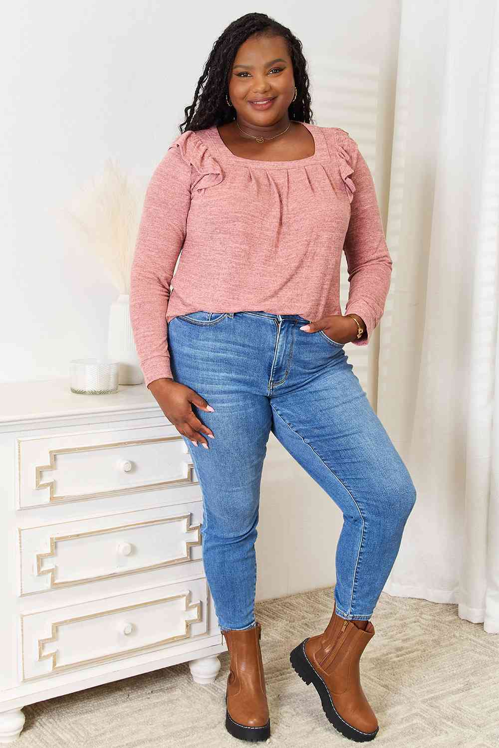 Double Take Square Neck Ruffle Shoulder Long Sleeve T-Shirt - Trendsi - Flyclothing LLC