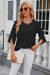 Round Neck Slit Half Sleeve Top - Trendsi