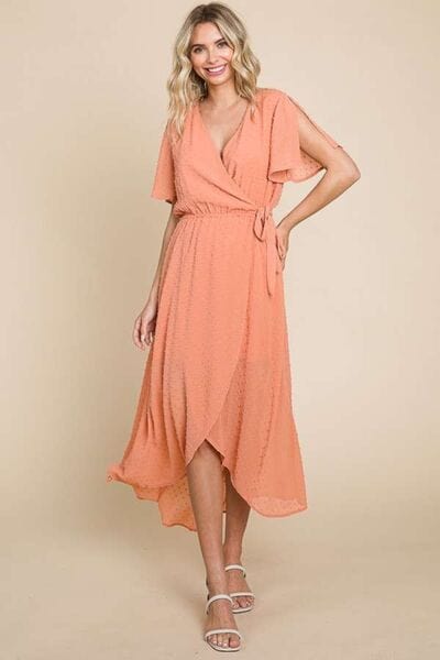 Culture Code Full Size Swiss Dot Tied Slit Short Sleeve Dress - Trendsi